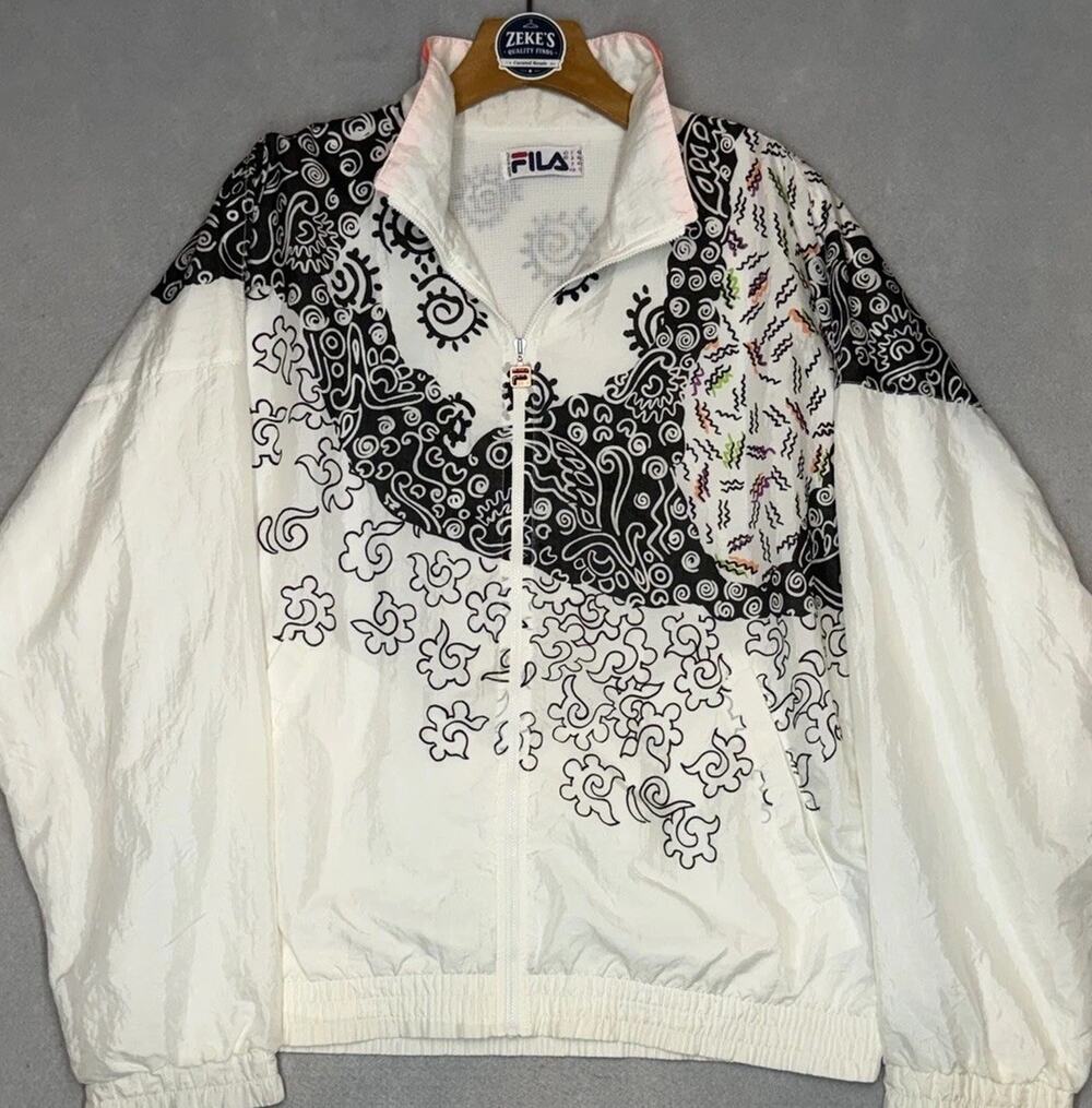 Vintage Fila Windbreaker Jacket 90s White Black Abstract Print Italy USA 12